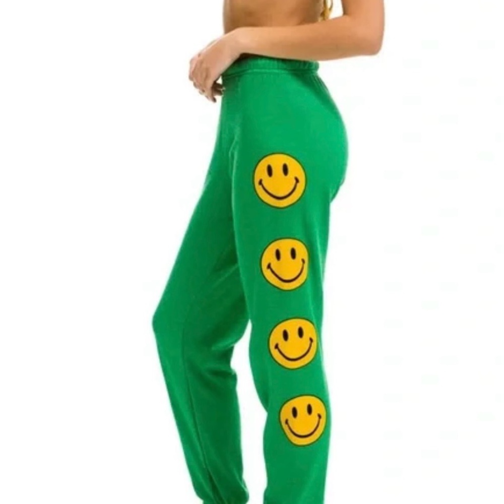 Aviator Nation Green and Yellow Smiley Face Track Pants